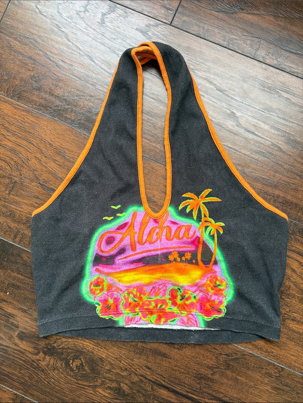 Urban Outfitters Black Aloha Halter Crop Top with Neon Graphic L